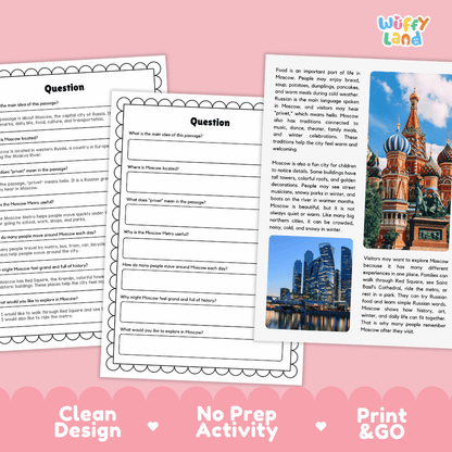 Student reading passage titled A City of Colorful Towers detailing Moscow Russia Saint Basil Cathedral Red Square and Kremlin photography