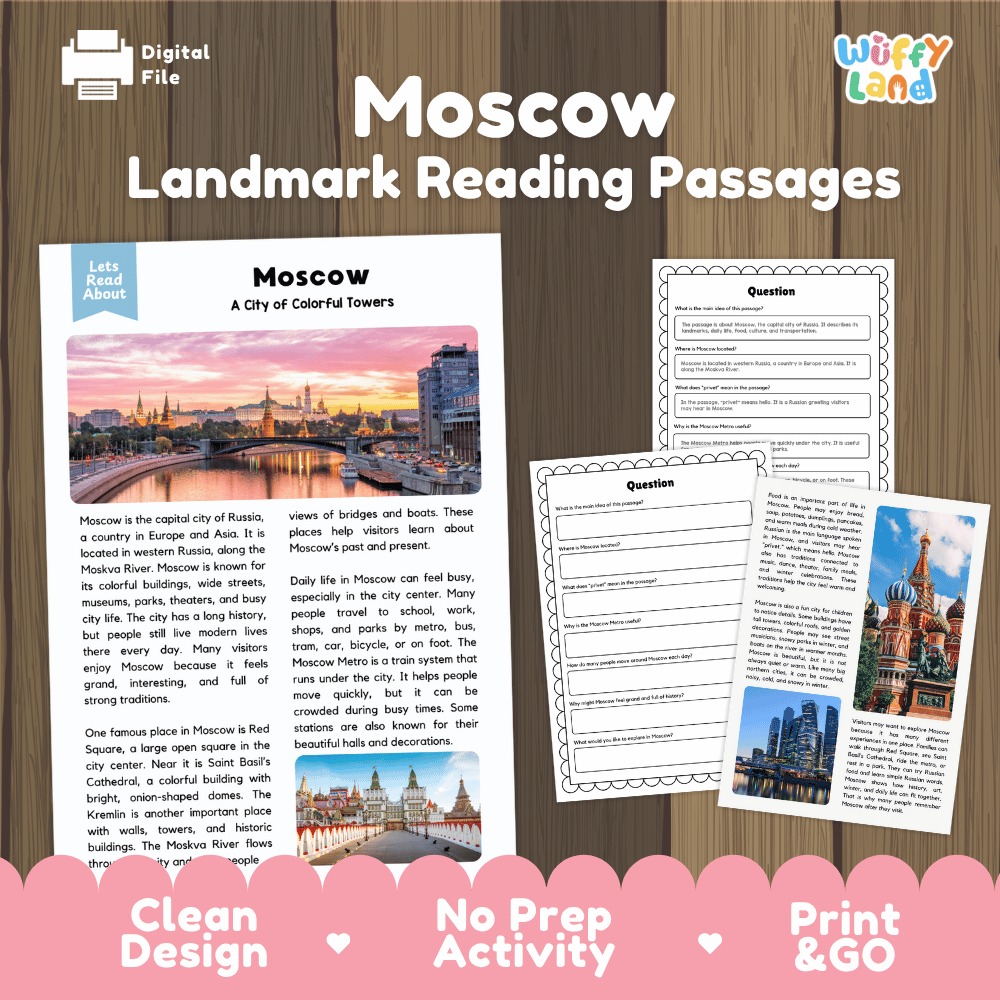 Moscow landmark reading passage and comprehension worksheet educational unit featuring nonfiction text and authentic Russian architecture photography
