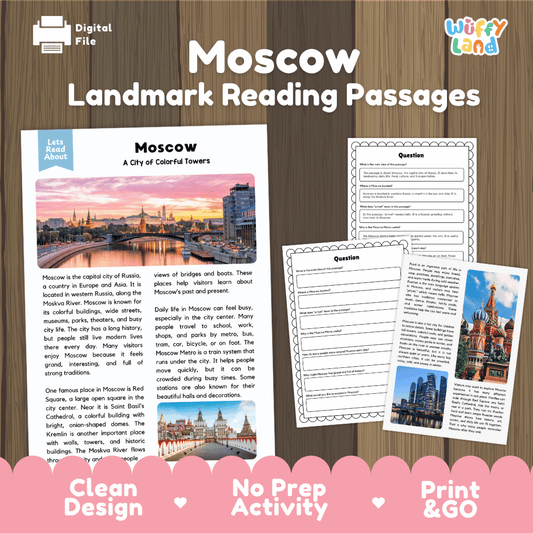 Moscow landmark reading passage and comprehension worksheet educational unit featuring nonfiction text and authentic Russian architecture photography