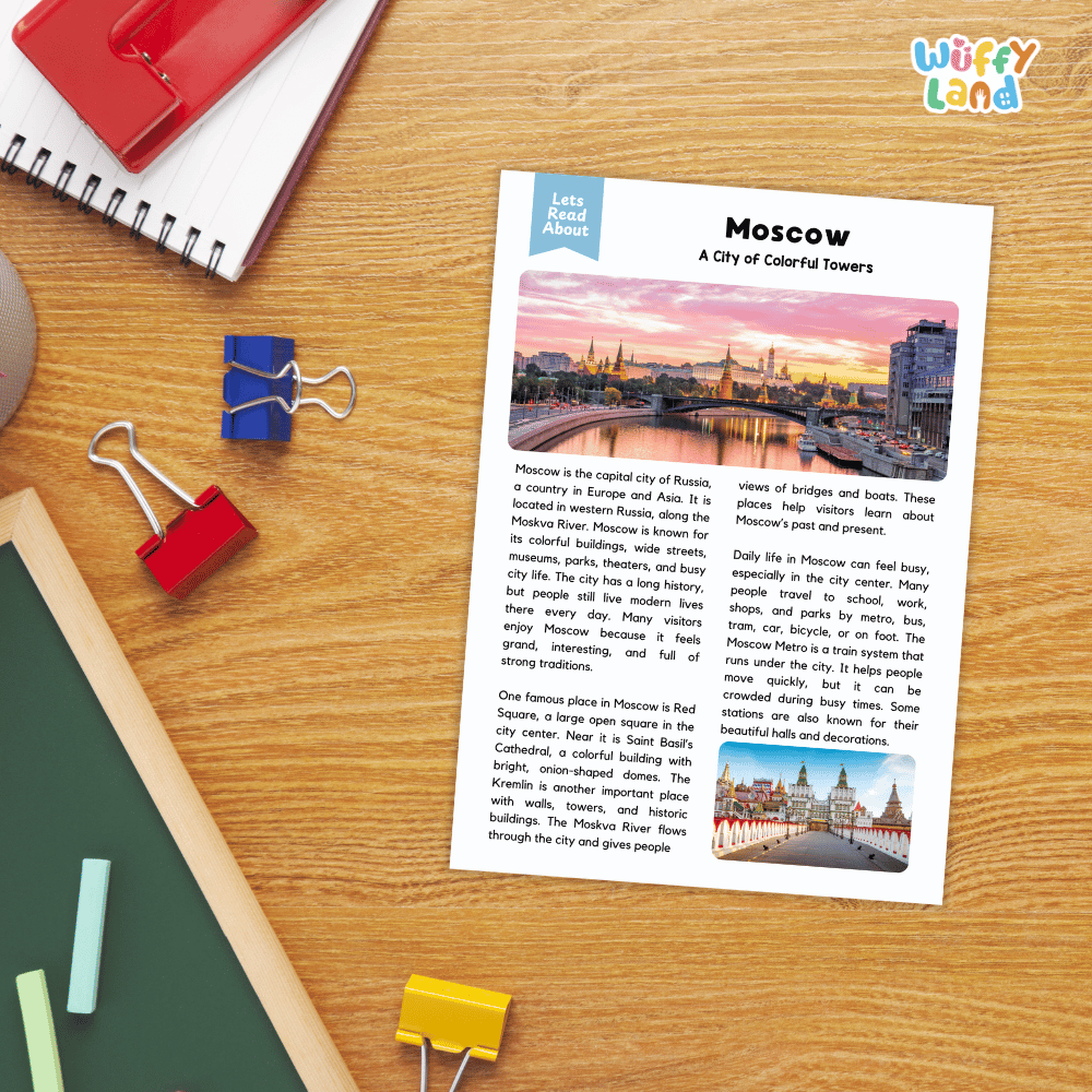 Lined reading comprehension question worksheet covering main ideas vocabulary terms and landmark facts about Moscow Russia