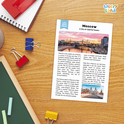 Lined reading comprehension question worksheet covering main ideas vocabulary terms and landmark facts about Moscow Russia
