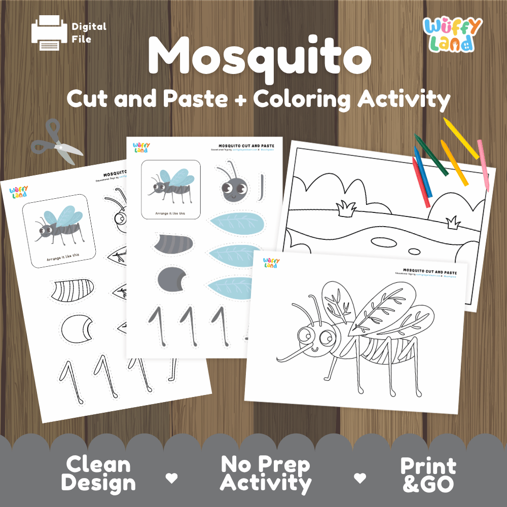 Mosquito Cut and Paste and Coloring Activity Worksheets