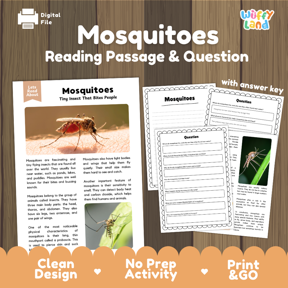 Mosquitoes Reading Passage and Comprehension Questions Worksheets
