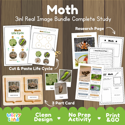 Moth 3-in-1 real image bundle complete study cover showing cut and paste life cycle, 3 part cards, and research pages