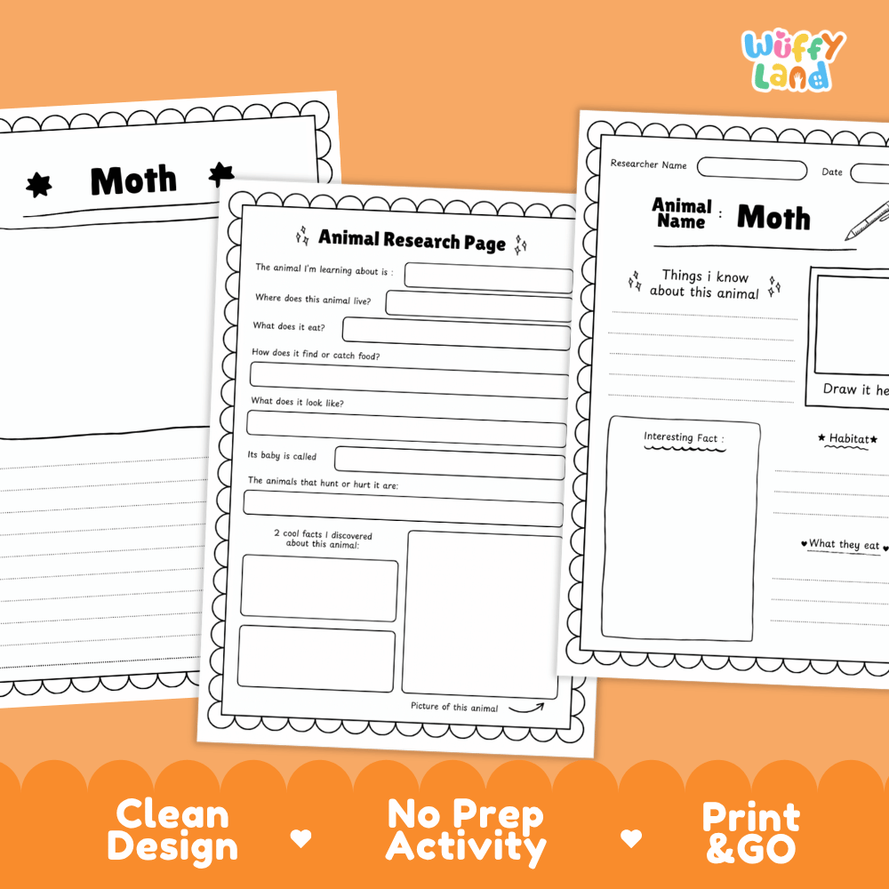 Moth Animal Research Page Worksheets and Fact Sheet Activity