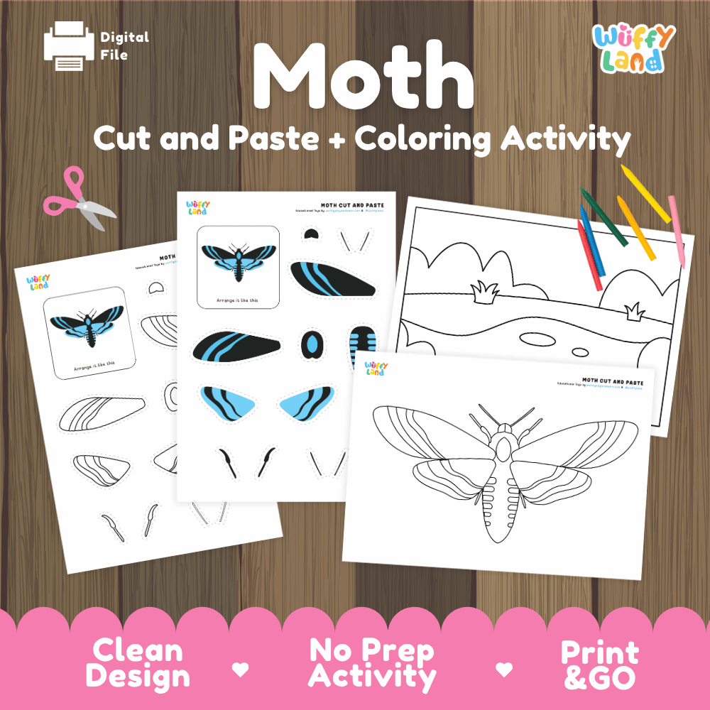 Moth Cut and Paste Craft and Coloring Activity Worksheets