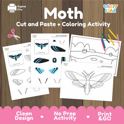 Moth Cut and Paste Craft and Coloring Activity Worksheets