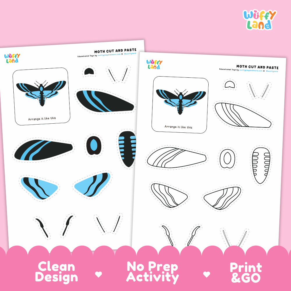 Moth Cut and Paste Craft and Coloring Activity Worksheets