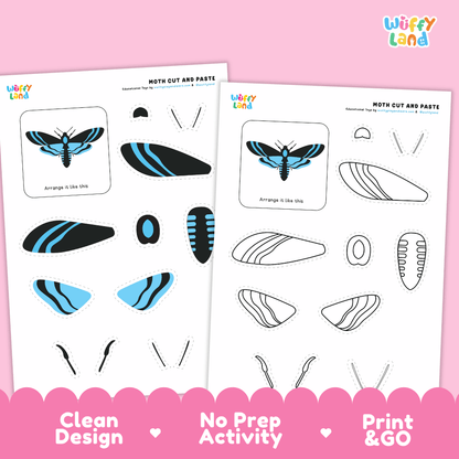 Moth Cut and Paste Craft and Coloring Activity Worksheets