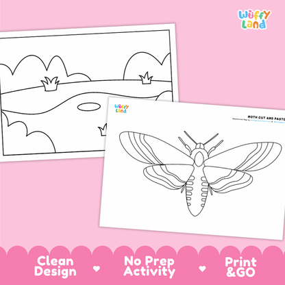 Moth Cut and Paste Craft and Coloring Activity Worksheets