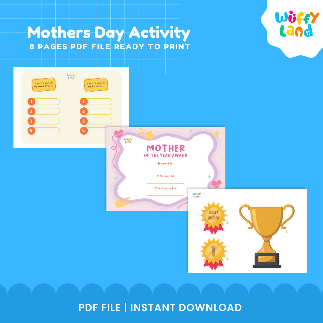 Printable Mother of the Year Award certificate displayed with golden trophy and Best Mom ribbon badge cutouts 🏆🎗️