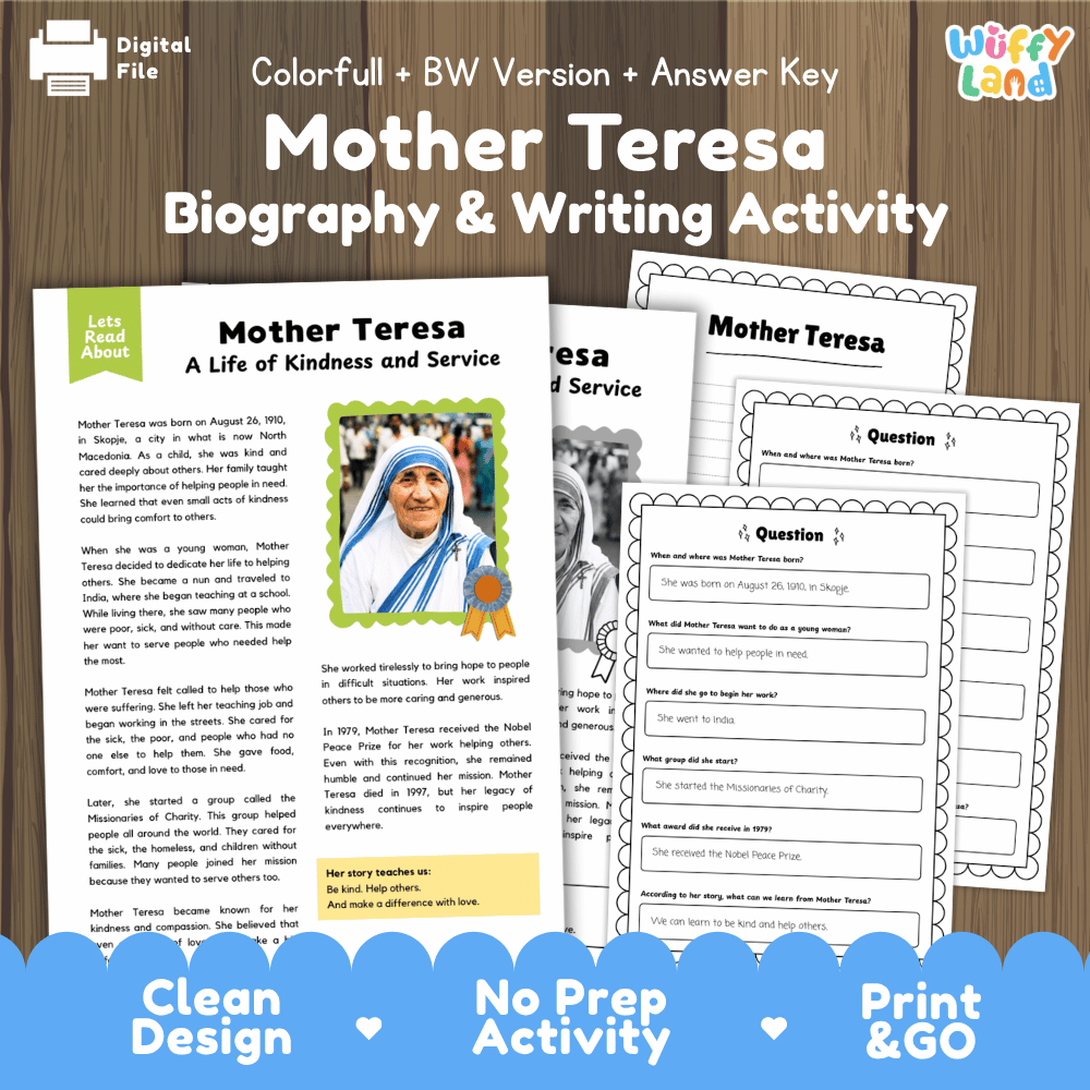 Digital printable activity sheet set for 'Mother Teresa Biography & Writing Activity' by Uffy Land, featuring a colorful cover page, worksheet pages, and an answer key on a wood-grain background with a blue 'Print & Go' banner at the bottom.