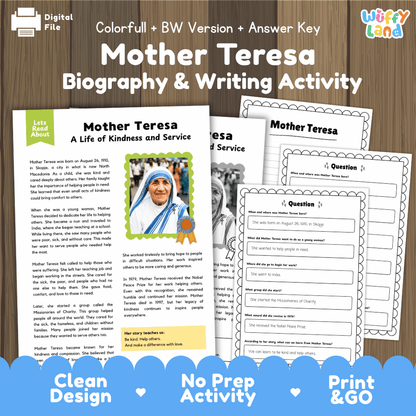 Digital printable activity sheet set for 'Mother Teresa Biography & Writing Activity' by Uffy Land, featuring a colorful cover page, worksheet pages, and an answer key on a wood-grain background with a blue 'Print & Go' banner at the bottom.