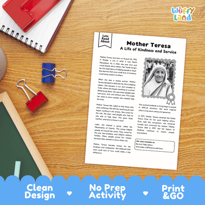A printed educational worksheet titled 'Mother Teresa: A Life of Kindness and Service' laid on a wooden desk, surrounded by a spiral notebook, red binder clips, and a pen. The sheet includes a black-and-white portrait of Mother Teresa and text about her life and work.