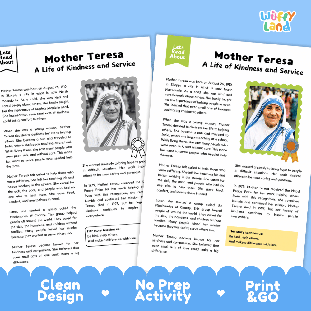 Two educational activity sheets about Mother Teresa, titled 'Lets Read About' and 'Lets Read About 2', displayed side-by-side on a blue background with the text 'Clean Design', 'No Prep Activity', and 'Print & Go'. The sheets feature text, photos, and illustrations, with one showing a hand-drawn heart and the other showing a photo of Mother Teresa.