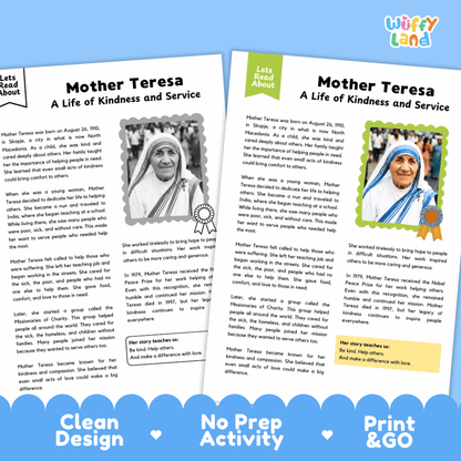 Two educational activity sheets about Mother Teresa, titled 'Lets Read About' and 'Lets Read About 2', displayed side-by-side on a blue background with the text 'Clean Design', 'No Prep Activity', and 'Print & Go'. The sheets feature text, photos, and illustrations, with one showing a hand-drawn heart and the other showing a photo of Mother Teresa.