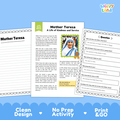 Educational activity sheets about Mother Teresa displayed on a light blue background. The center sheet is titled 'Mother Teresa: A Life of Kindness and Service' with text, a small photo of Mother Teresa, and colored highlight boxes.