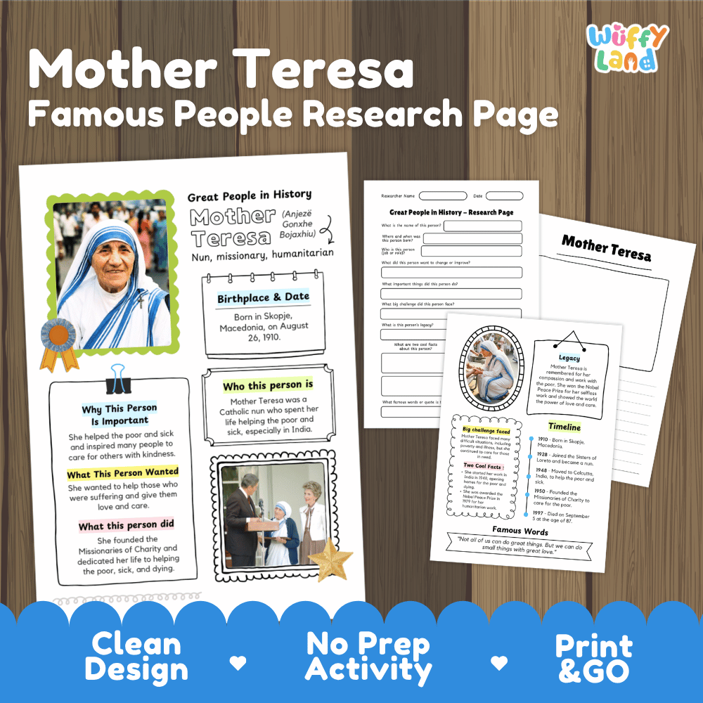 Mother Teresa Famous People Research Page Worksheets