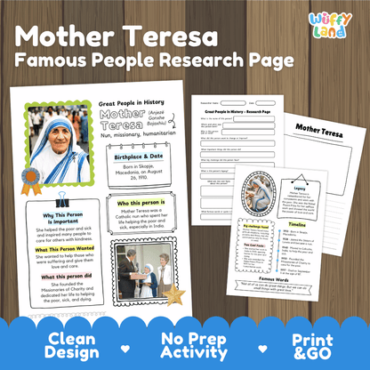 Mother Teresa Famous People Research Page Worksheets