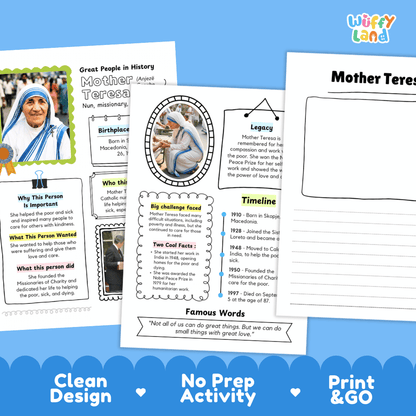 Mother Teresa Famous People Research Page Worksheets