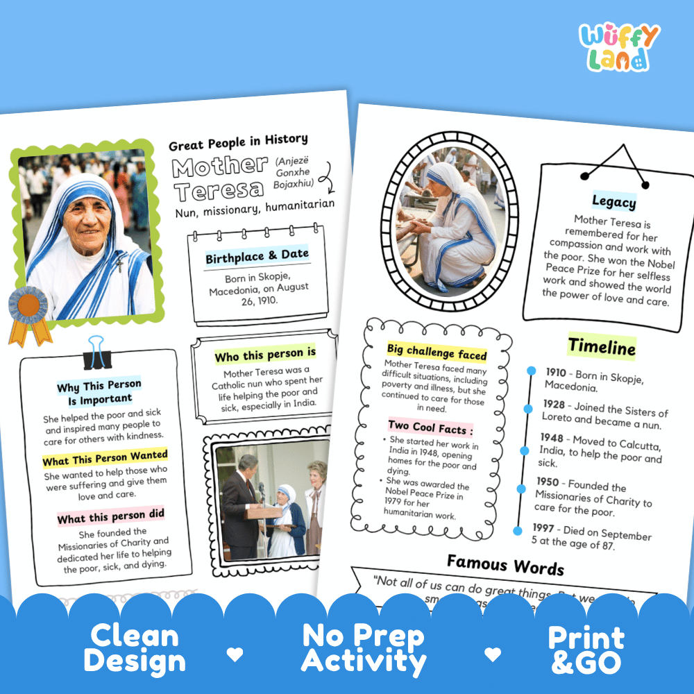 Mother Teresa Famous People Research Page Worksheets