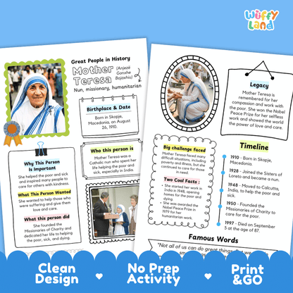 Mother Teresa Famous People Research Page Worksheets