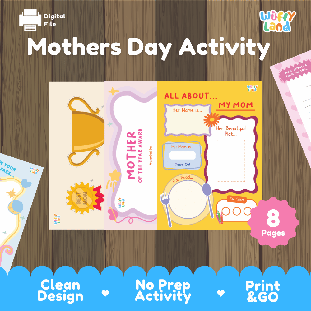 Mothers Day activity printable keepsake booklet and award craft pack overview from Wuffy Land featuring 8 pages 👩‍👧‍👦🏆