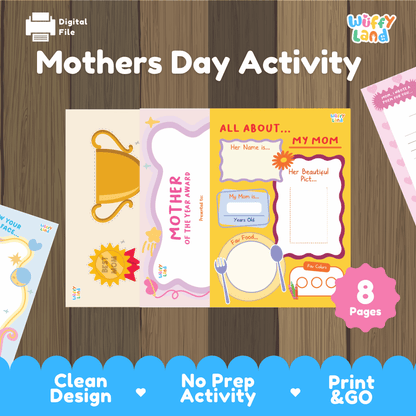 Mothers Day activity printable keepsake booklet and award craft pack overview from Wuffy Land featuring 8 pages 👩‍👧‍👦🏆