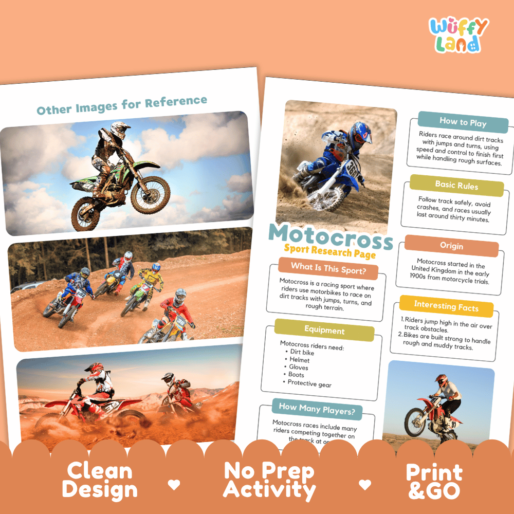 Motocross Sport Research Project Worksheets and Fact Sheet