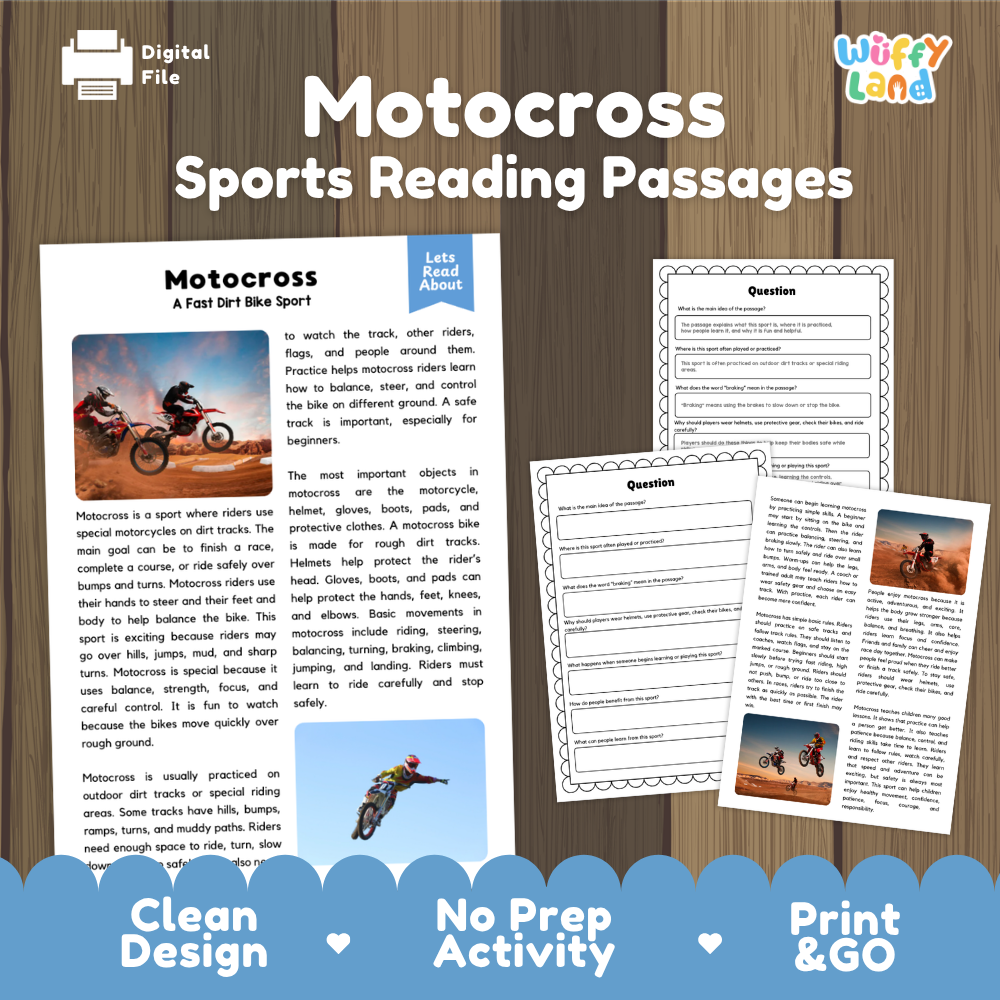 Motocross Sports Reading Passages and Comprehension Questions Worksheets