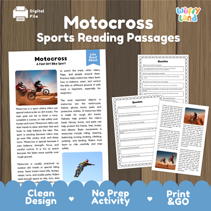 Motocross Sports Reading Passages and Comprehension Questions Worksheets