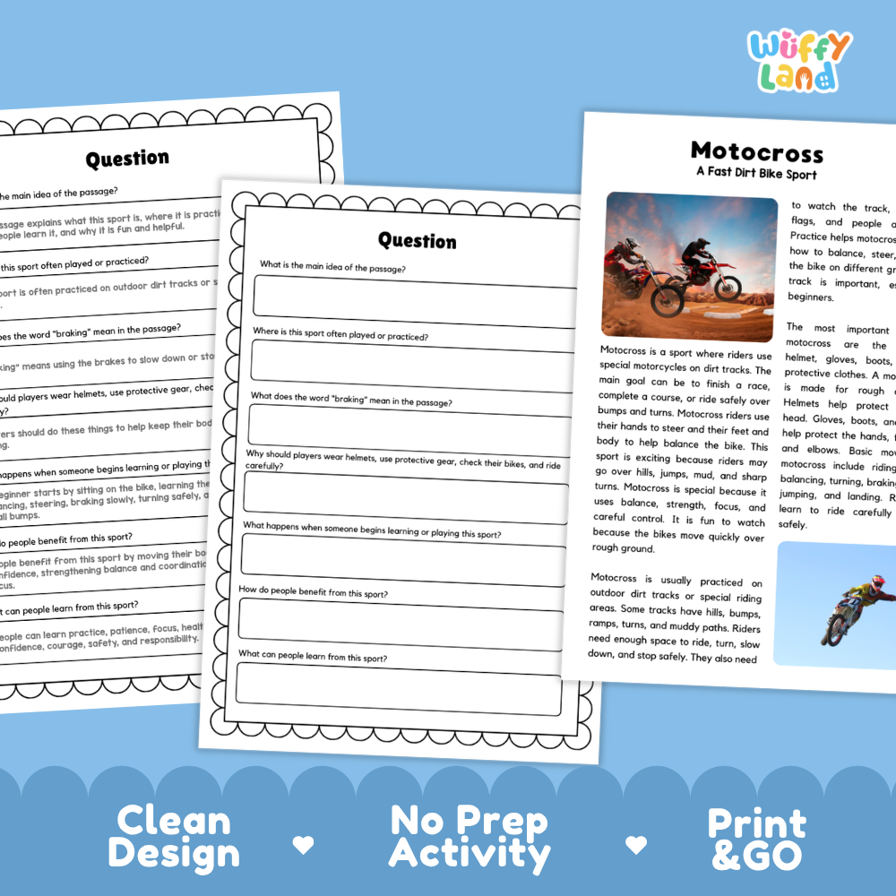 Motocross Sports Reading Passages and Comprehension Questions Worksheets