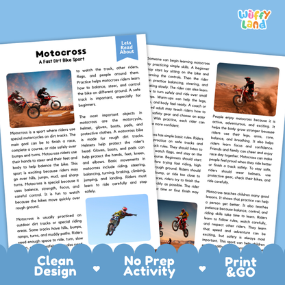 Motocross Sports Reading Passages and Comprehension Questions Worksheets