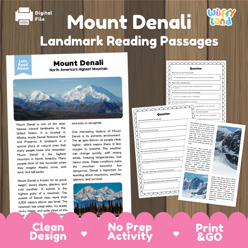 Mount Denali Landmark Reading Passages and Comprehension Worksheets