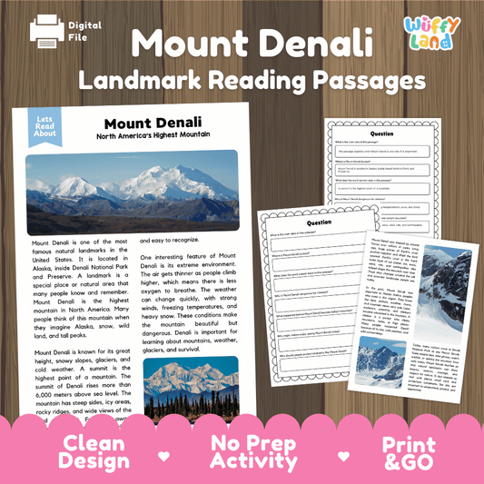 Mount Denali Landmark Reading Passages and Comprehension Worksheets