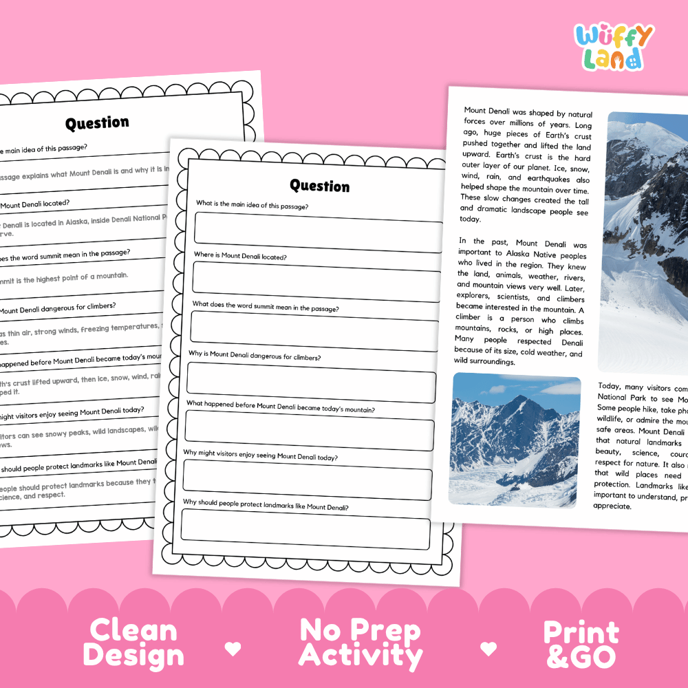 Mount Denali Landmark Reading Passages and Comprehension Worksheets