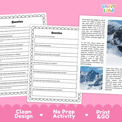 Mount Denali Landmark Reading Passages and Comprehension Worksheets