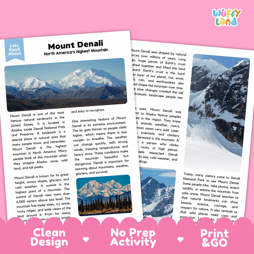 Mount Denali Landmark Reading Passages and Comprehension Worksheets