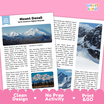 Mount Denali Landmark Reading Passages and Comprehension Worksheets