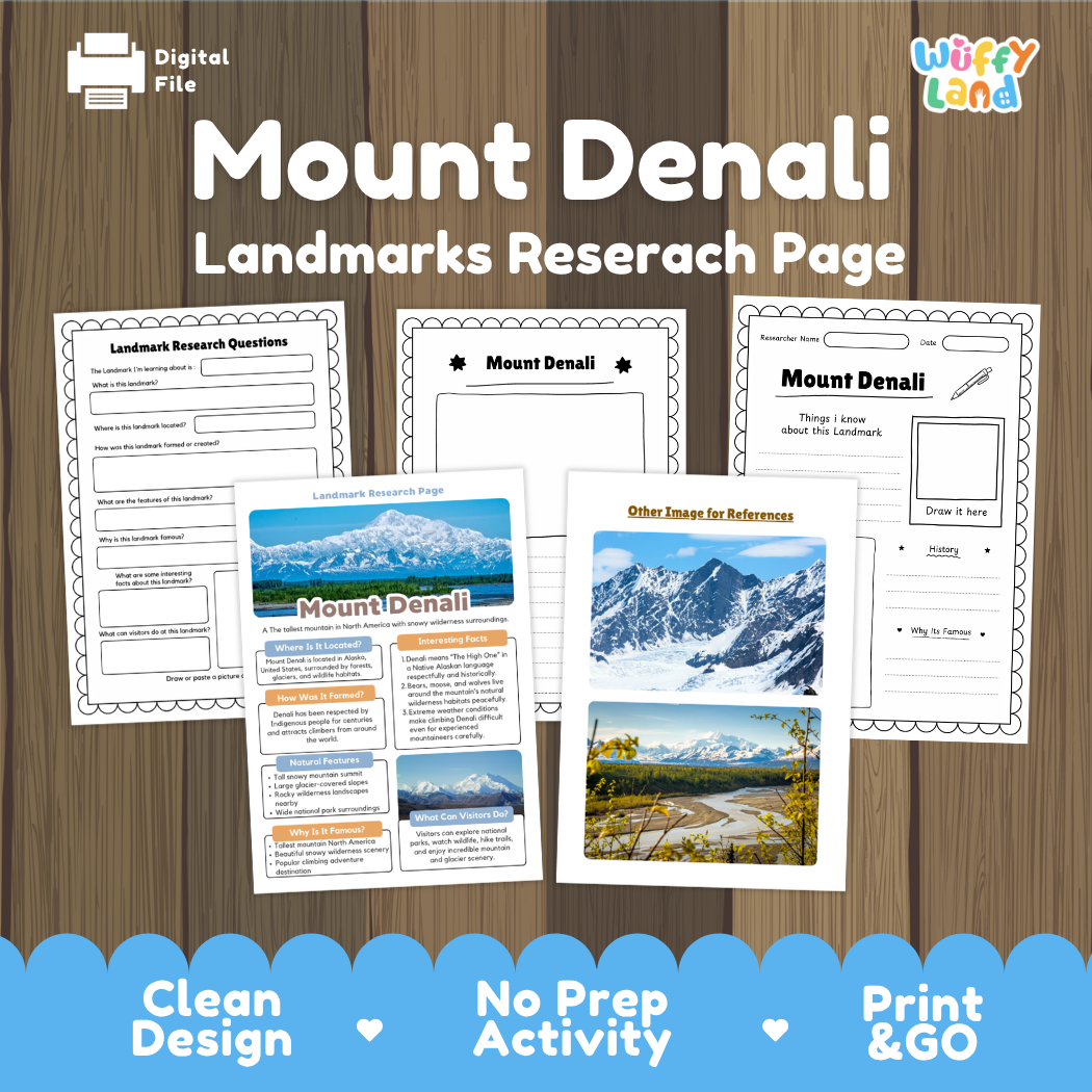 Digital preview of a Mount Denali landmarks research page activity set by Wiffy Land, displayed on a wood-grain background with a blue banner at the bottom highlighting key features.