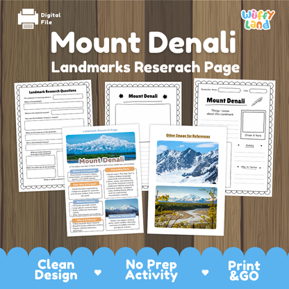 Digital preview of a Mount Denali landmarks research page activity set by Wiffy Land, displayed on a wood-grain background with a blue banner at the bottom highlighting key features.