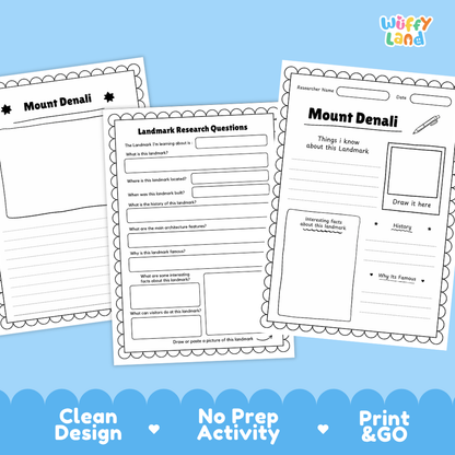 Three printable worksheet pages for Mount Denali displayed on a light blue background, with the brand name 'Wiffy Land' in the top right and marketing text 'Clean Design', 'No Prep Activity', and 'Print & GO' along the bottom.