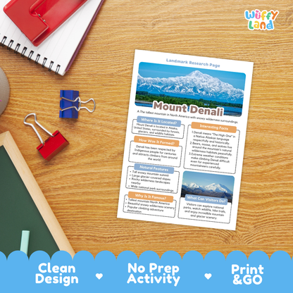 A printed Mount Denali landscape research page centered on a wooden desk, surrounded by school supplies including a spiral notebook, red binder clips, and a green chalkboard. The page has a scenic mountain photo at the top and text sections below.