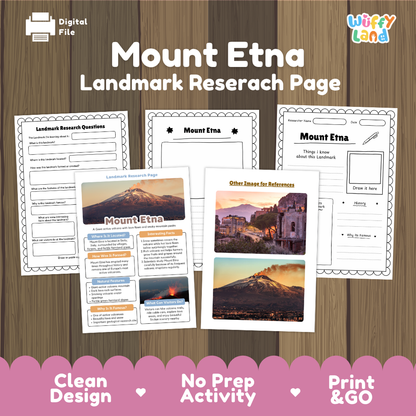 Mount Etna Landmark Research Page Worksheets and Fact Sheet