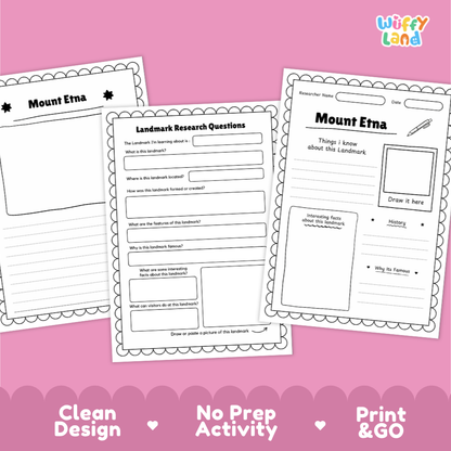 Three printable worksheet pages for Mount Erna displayed on a pink background, with the Wiffy Land logo in the top right and marketing text along the bottom: Clean Design, No Prep Activity, Print & Go.
