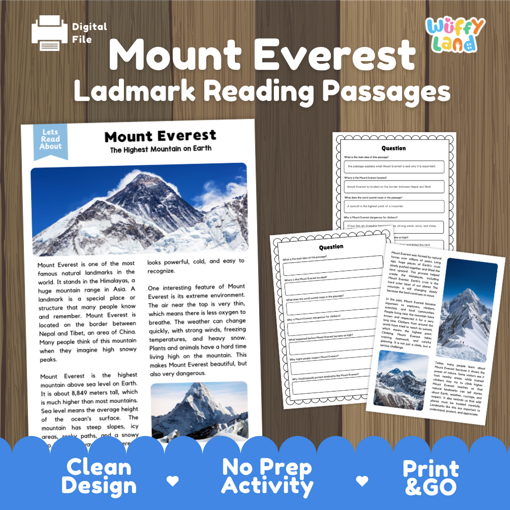 Digital reading activity bundle for Mount Everest, featuring two text passages, a map, and a question sheet on a wood-grain background with promotional text at the bottom.