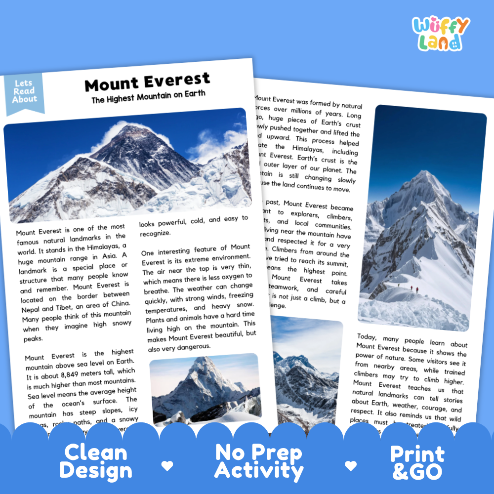 Two educational reading activity sheets about Mount Everest, shown overlapping on a white background with the title 'Let's Read About' and the brand name 'Wuffly Land' visible.