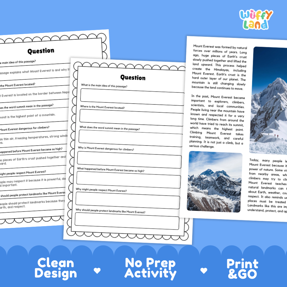 Three printable worksheet pages about Mount Everest are shown on a white background with a blue banner at the bottom reading 'Clean Design', 'No Prep Activity', and 'Print & GO'. The pages have black text, white paper, and blue border accents, with one page also containing a small Everest landscape photo.