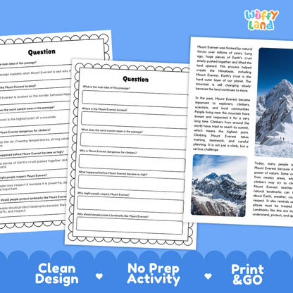 Three printable worksheet pages about Mount Everest are shown on a white background with a blue banner at the bottom reading 'Clean Design', 'No Prep Activity', and 'Print & GO'. The pages have black text, white paper, and blue border accents, with one page also containing a small Everest landscape photo.