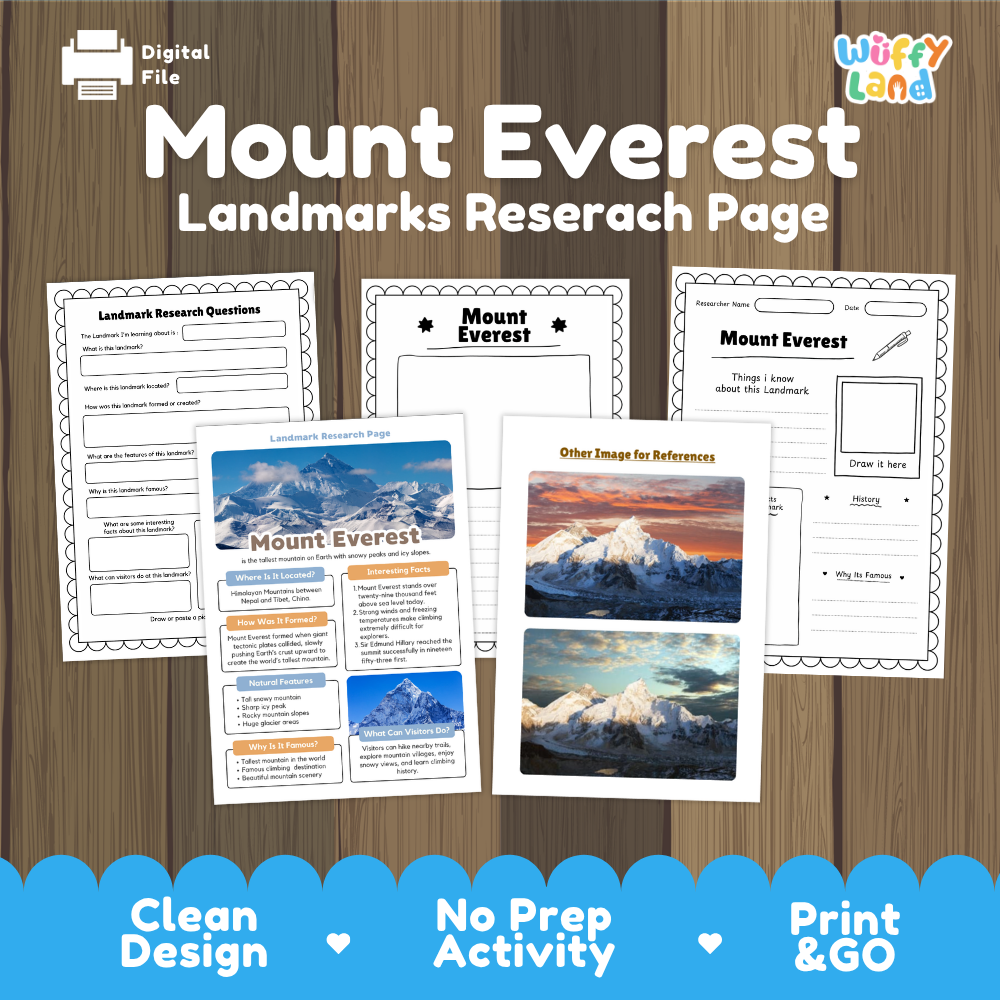 Digital preview of a Mount Everest landmarks research page activity sheet set, showing several printed worksheet pages and a reference image card on a wood background with promotional text at the bottom.